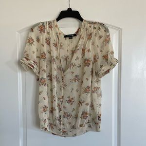 Beige quarter button down blouse with orange flowers, size medium